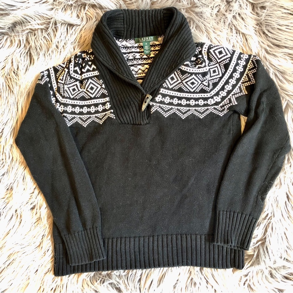 True Vintage 90s Lauren Ralph Lauren Shawl Collar Sweater with Fair Isles Detail - Picture 2 of 5